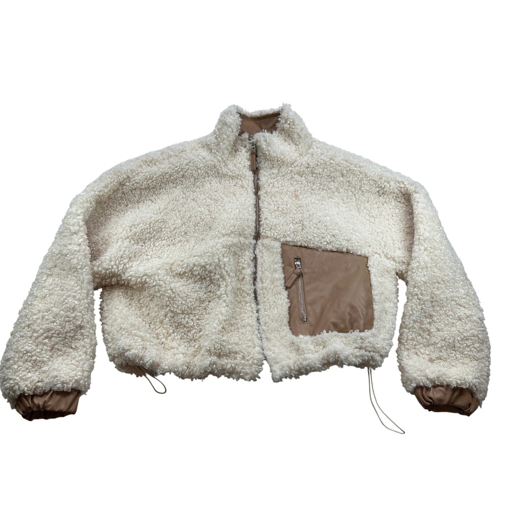 BLANKNYC Cream Fuzzy Sherpa Cropped Jacket with‎ Faux Leather Accents Size Small